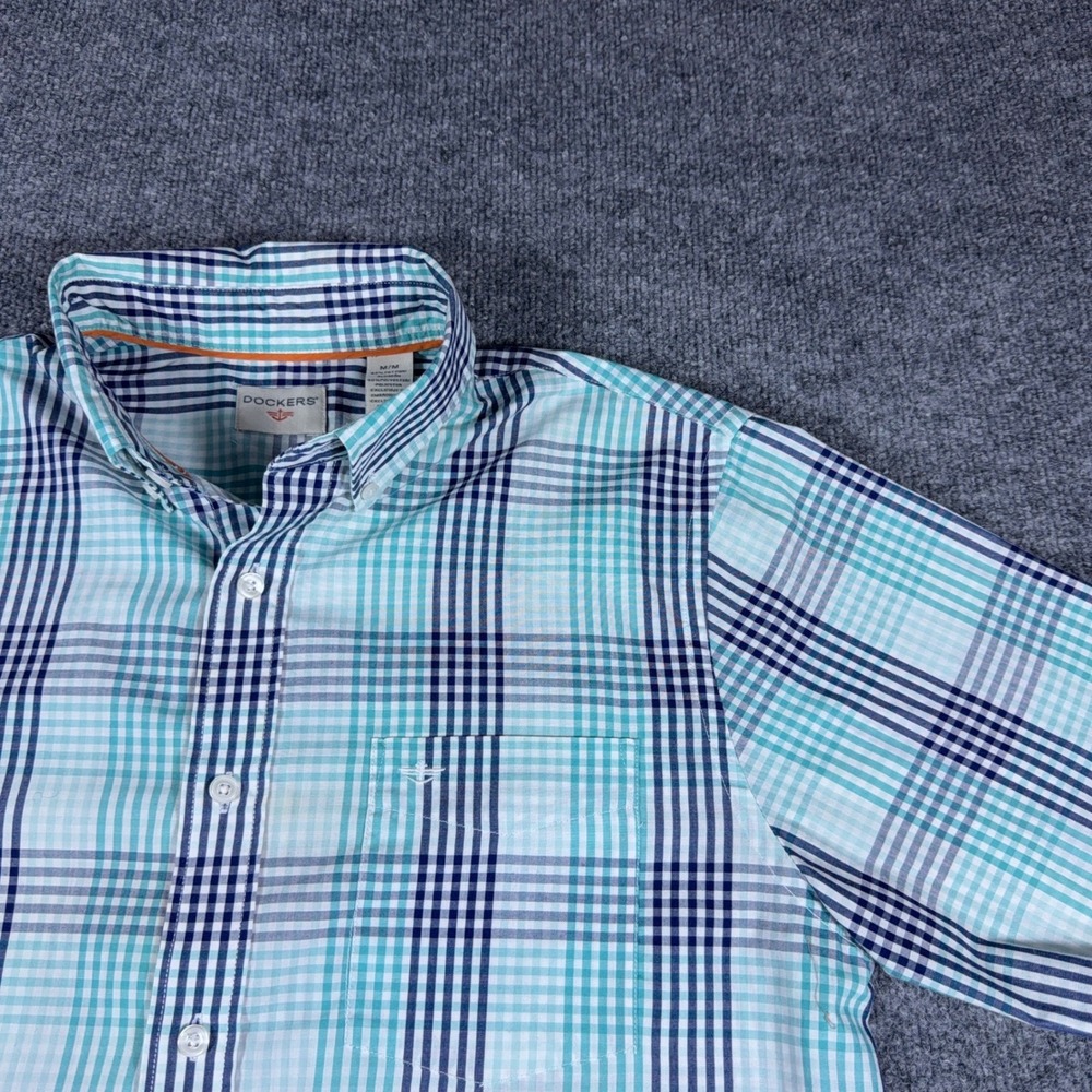 Dockers Mens Short Sleeve Plaid Button Down Shirt Teal Navy White Size Medium